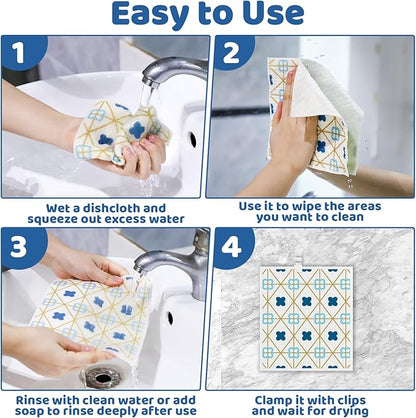 Needbrock 6 Pack Swedish Dishcloths for Kitchen,Swedish Rags Dish Towels with Clips, Reusable Paper Towels Washable Absorbent Cellulose Sponge Cloths for Countertop Dishes Sink Kitchen