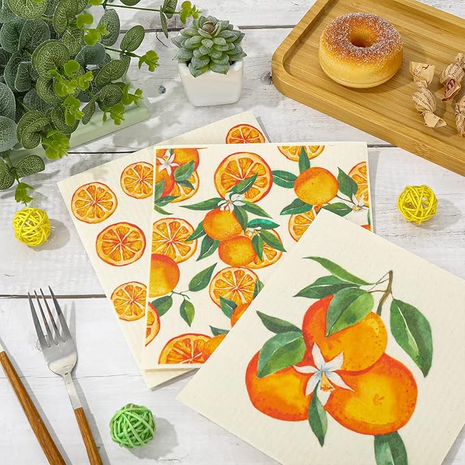 Whaline 6Pcs Orange Swedish Dishcloth Citrus Fruit Pattern Cotton Kitchen Towel Summer Absorbent Dish Towels for Party Home Housewarming Cleaning Counter Wipe, 7 x 8 in