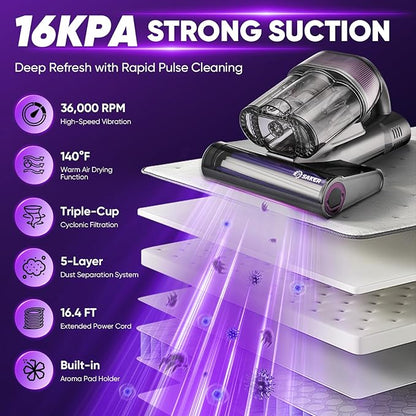 Saker Mattress Vacuum Cleaner with 2 HEPA Replacement Filters, Handheld Bed Vacuum Set with 16KPa Suction, UVC Light, 140°F Heated Air, Aroma Function, 16.4FT Cord for Bed, Sofa, Couch