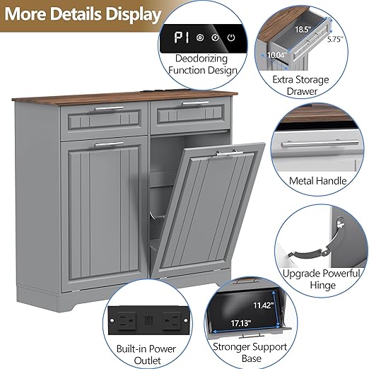 Double 10 Gallon Tilt Out Trash Can Cabinet with Deodorizing Function, Wooden Hidden Garbage Can Holder with Storage Drawers for Kitchen and Dining Room, Laundry Hamper Cabinet for Bathroom, Grey