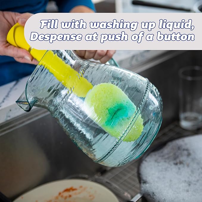 Scrub Daddy Dish Daddy Wand, Refill Heads, Sponge & Connector Head, Soap Dispensing Dish Brush, Texture Changing Washing Up Sponge with Liquid Handle, Built-in Scraper & Scrubbing Head - Yellow
