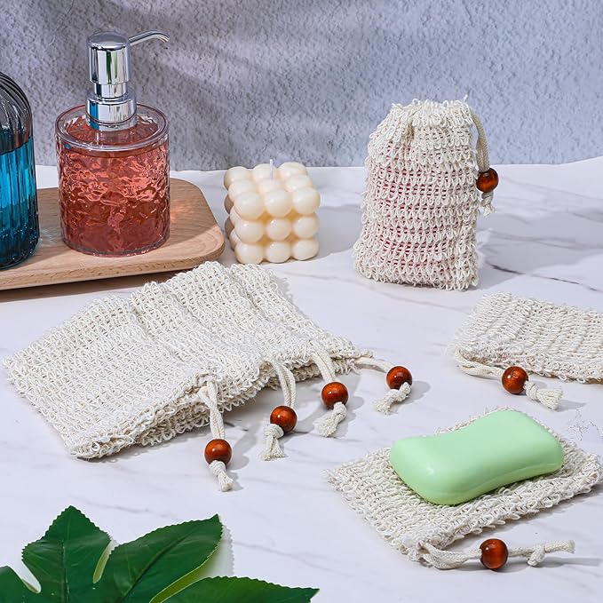 COMNICO 100 Pcs Soap Exfoliating Bag, Natural Sisal Soap Saver Bag Hand Made Pouch with Drawstring Mesh Net Drying Soaps Holder for Bath and Shower
