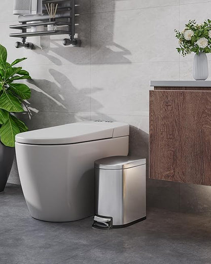 Garvee 1.6 gal / 6 L Stainless Steel Bathroom Trash Can with Lid, Slim Waterproof Garbage Can for Bedroom, Small Step-on Metal Trash Bin with Inner Bucket, Rear Handle, Soft Close Lid, Silver
