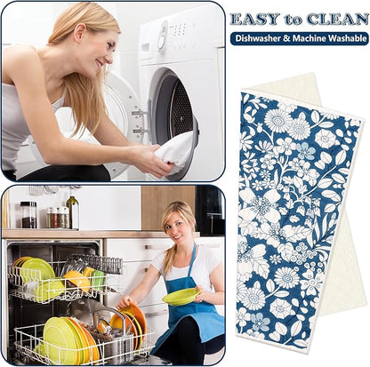 AnyDesign Blue Floral Swedish Dishcloths White Flower Cotton Kitchen Towel Reusable Absorbent Dish Towel for Spring Summer Home Kitchen Housewarming Cleaning, 7 x 8 Inch, 6 Pcs