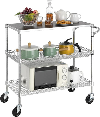 Finnhomy 3 Tier Heavy Duty Commercial Grade Utility Cart with Wood Top, Wire Rolling Cart with Wheels and Handle Bar, Kitchen Carts on Wheels, 18x36x35.4 H Metal Cart with 600 LBS Capacity, Chrome