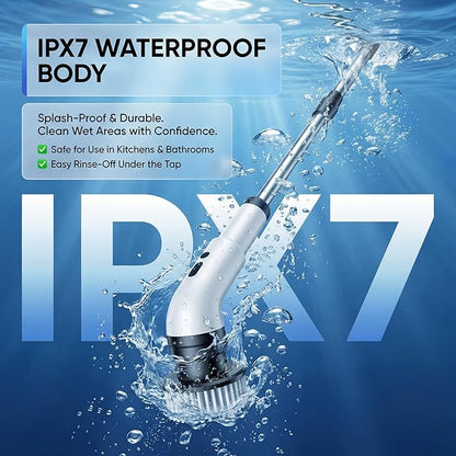 Electric Spin Scrubber, Cordless Power Scrubber for Bathroom/Shower/Tub/Tile & Grout, 9 Brush Heads, Dual-Speed, Adjustable Extension Handle, IPX7 Waterproof, USB-C Rechargeable Cleaning Tool (White)