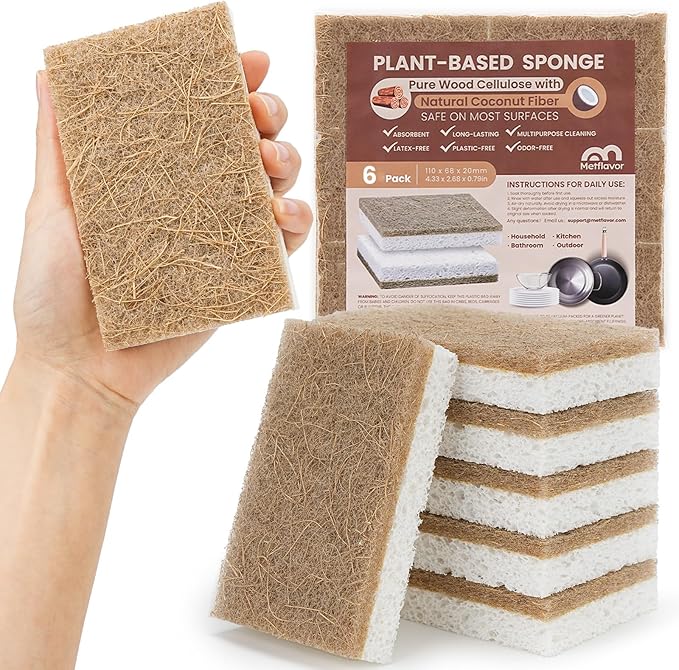 Metflavor 6 Pack Natural Kitchen Sponges, Biodegradable Non-Scratch Cellulose Sponge with Coconut Scrubber for Dishes, Compostable, Non Toxic Cleaning Sponges for Kitchen, Bathroom, Household