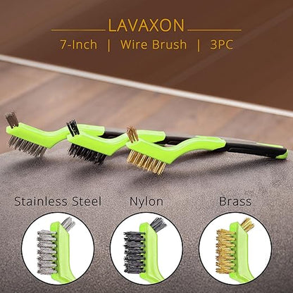 Lavaxon Wire Brush Set 3Pcs - Nylon/Brass/Stainless Steel Bristles with Curved Handle Grip for Rust, Dirt & Paint Scrubbing with Deep Cleaning – 7 Inches (Green)
