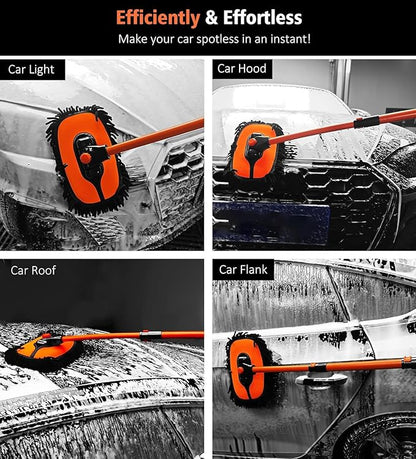 57'' Car Wash Brush with Long Handle Chenille Microfiber Car Wash Kit Mitt Retractable Bent Pole Car Wash Mop for Cars RV Truck Boat (Orange-2)