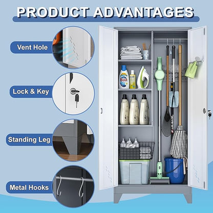 Metal Garage Storage Cabinets with Lock- 61" Tall Broom Closet Storage Cabinet & Pantry Organizer for Laundry Room, Home Office, Gym, School