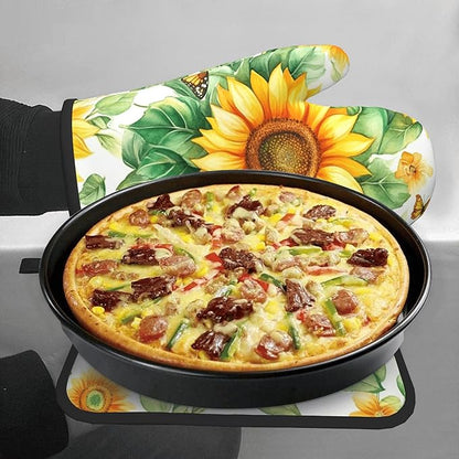 Sunflower Oven Mitts and Pot Holders Sets Watercolor Yellow Floral Plant Kitchen Gloves Hot Pads 2 Pieces Set Spring Summer Farmhouse Kitchen Decor and Accessories