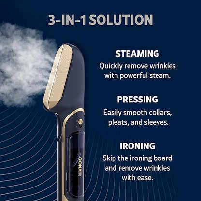 Conair SteamStylist 3-in-1 Steam Press and Iron Steamer for Clothes, Clothes Steamers for Clothes, Travel Steamer, Includes Fabric Shaver, Extra Water Tank and Storage Bag, Midnight Blue