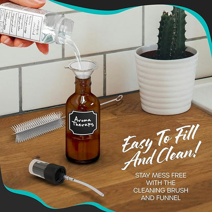 Nevlers Small Spray Bottle 2 Oz 48 Pack | Amber Glass Spray Bottles for Cleaning, Oils, Perfume Alcohol & More | Mist Bottle Set w/Shrink Wrap, Funnel, Brush, Labels & Marker | Small Glass Bottles