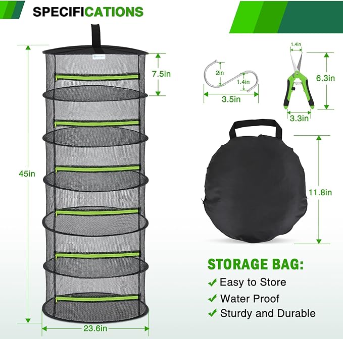 Yesker 6 Layer Herb Drying Rack Hanging Mesh Net Foldable Plant Drying Racks 24" w Green Zipper Pruning Shears Hook Dryer Hanging Rack for Herbs Seed Bud Fruit Clothes Grow Tent Closets Garden Outdoor