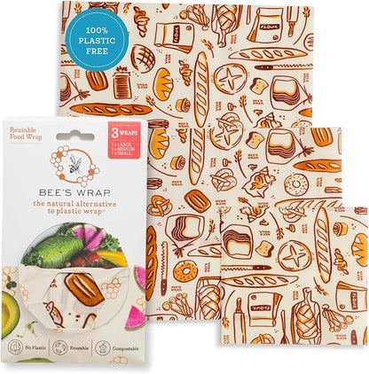 Bee's Wrap Beeswax Wraps for Food - 3 Pack of Assorted Beeswax Wraps - Small, Medium & Large Wrap - Plastic Free Made in USA Reusable Natural Food Wrap - Bakery Lane Print