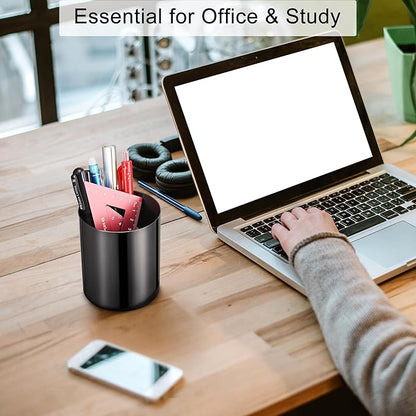 2 Packs Round 304 Stainless Steel Pen Holder,Pencil Cup,Desktop Stationery Organizer,Vacuum Plating Makeup Brush Holder,Black