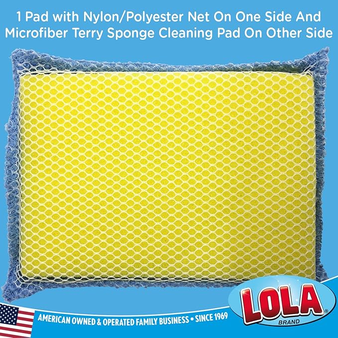 LOLA Microfiber Terry & Nylon Net Sponge Scrubber Pad, Non Scratch 2-Way Cleaning, Gently Scrubs & Wipes Clean, 1 Count