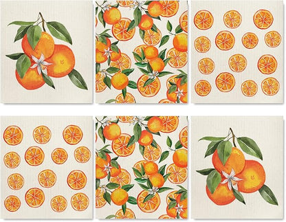Whaline 6Pcs Orange Swedish Dishcloth Citrus Fruit Pattern Cotton Kitchen Towel Summer Absorbent Dish Towels for Party Home Housewarming Cleaning Counter Wipe, 7 x 8 in
