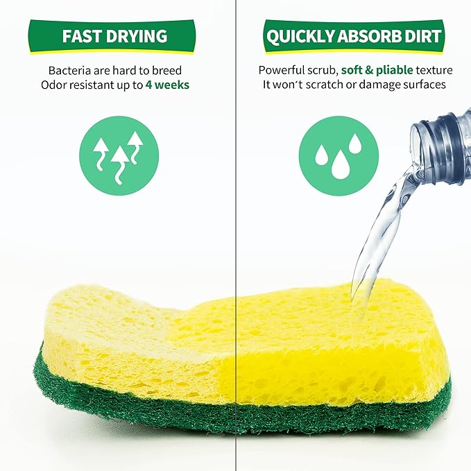 Heavy Duty Sponges, 12 Pack Cellulose Scrub Sponge, Dual-Sided Kitchen Sponge, Multipurpose Sturdy Ergonomic Design for Kitchen Dishwashing, Uncoated Cookware, Sink, and Countertops