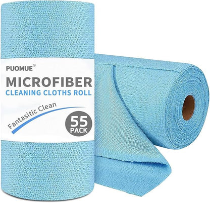 Puomue 55 Pack Microfiber Cleaning Cloth Roll, Tear Away Reusable Towels, 11" X 9", Ultra Absorbent & Lint Free Microfiber Cloth for Cleaning Cars, Kitchen, Window, Home and Shop, Blue