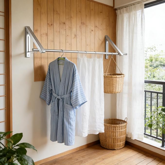 FOLAI 2-Piece Drill-Free Folding Clothes Drying Rack, 80cm Crossbar, Suitable for Bedroom, Bathroom, Indoor and Outdoor Use, Basics Folding Clothes Rack (Silver)
