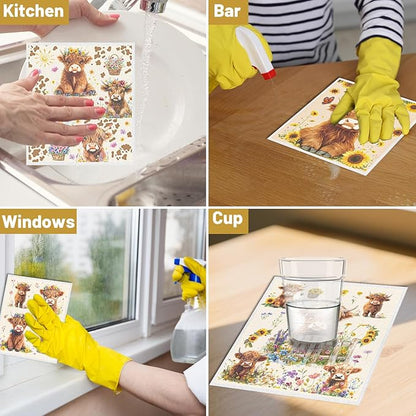 Swedish Dishcloths for Kitchen, 6PCS Floral Highland Cow Swedish Dish Cloths Gift Set, Reusable Washable Absorbent Dish Towel for Home Cleaning