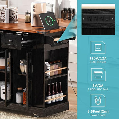 53" Farmhouse Kitchen Island with 2 Tempered Glass Cabinet Doors, Power Outlet, Rolling Kitchen Cart on Wheels with Drop Leaf, 5 Open Side Racks, 3 Drawers, for Kitchen, Black