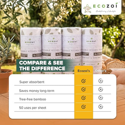 Ecozoi Bamboo Rayon Reusable Towels - 4 Pack | Equivalent to 80 Regular Rolls | 70% Rayon from Bamboo and 30% Cotton Kitchen Paper Rolls | 50 Times More Usage than Regular Paper Rolls
