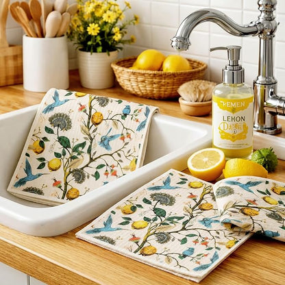 Sliner Swedish Lemon Birds Dishcloths for Kitchen Dish Towels 6 Pack Reusable, Machine Washable Non-Scratch Reusable Paper Towels Absorbent Washable Dish Cloths