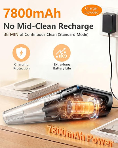 15-Min Fast Cleaning 120㎡ Room Handheld Vacuum Cordless - 26000Pa Strong Suction with Brushless Motor 18-36 Min Runtime Portable Vacuum - 1000mL Dust Cup One-Touch Emptying - Ease Use for Debris Hair
