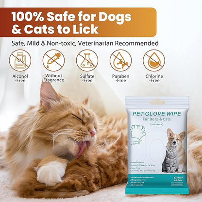 Pet Glove Wipes for Dogs Cats, Dog Cleaning Gloves, Dog Wipes Cleaning Deodorizing, Pet Wipes for Dogs Cats, Extra Thick, Unscented Rinse Free Nourish Fur Glove Wipes for Daily Care and Traveling-6pcs