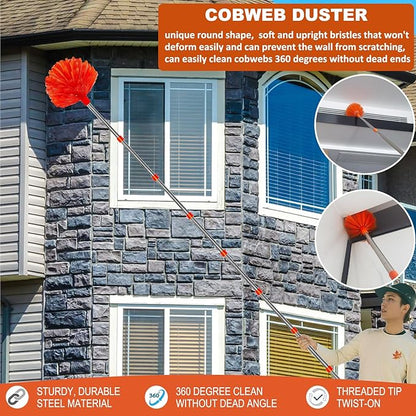 20+ Feet High Reach Duster Kit with 3-14 ft Extension Pole // High Ceiling Dusting and Window Cleaning Kit with Spliceable Pole - Window Washer & Squeegee, Cobweb Duster, Fan Blade and Feather Dusters