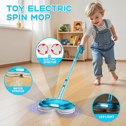 BLAXTEM Kids Electric Spray Spin Mop Toy, Rechargeable Cordless Electric Mop W/ LED Headlight & Water Sprayer for Children Boys & Girls, Cleaning Toy for Pretend Play (Light Blue)