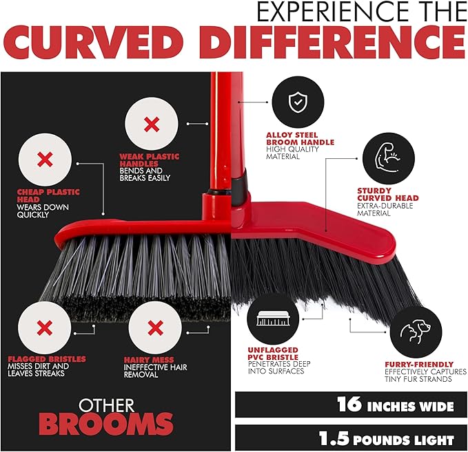 with Dustpan Combo Set – 16" Curved Head, 52" Adjustable Telescopic Handle, Soft PVC Bristles, Indoor Outdoor Broom and Dustpan Set for Kitchen, Pet Hair, Dust & Debris