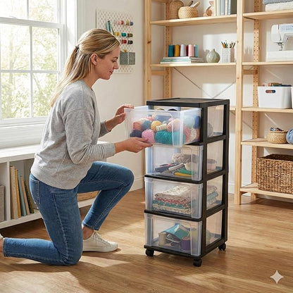 4-Drawer Narrow Storage Cart with Wheels - 32.5" Tall Slim Rolling Plastic Drawer Organizer Tower for Bathroom, Laundry Room, Kitchen & Office - Mobile Utility Unit with Clear Bins (Black)