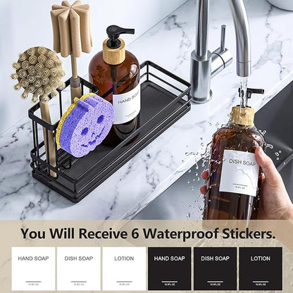 Moforoco Kitchen Dish Soap Dispenser Set, 16OZ Glass Bottle, Hand and Dish Soap Dispenser Set, Instant Dry Tray, Brush Holder with Smiley Face Sponge Holder (Black Tray+Amber Bottle+Labels)