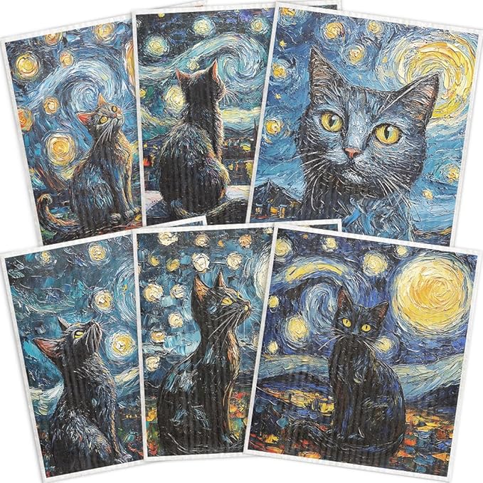Swedish Dishcloths for Kitchen – 6 Pack Cellulose Reusable Cleaning Paper Towels – Soft, Quick-Drying, Washable Dish Rags for Kitchen, Counters & More (Cat)