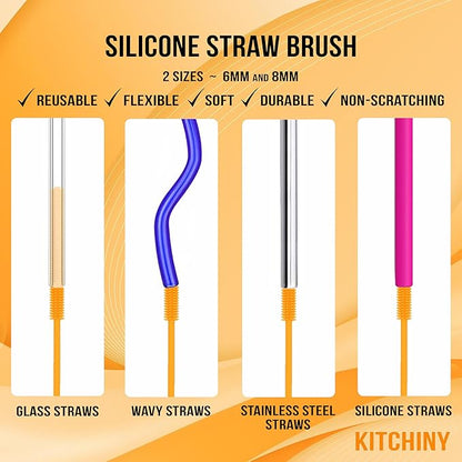 Kitchiny Silicone Bottle Brush with 2 Straw Cleaners - 12.5” Water Bottle Cleaner Brush for Yeti, Hydro Flask, Owala, Stanley, Baby Bottles, Glassware, Vases & Narrow Neck Containers - Orange
