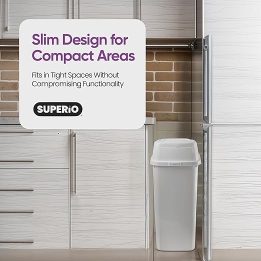 Garbage Cans with Swing Top-Split Lids, 2 Pack | Large Kitchen Trash Cans with Lids | Durable Plastic |Slim & Sturdy Trash Bins | Fingerprint Resistant | 13 Gal / 50 qt / 50 L - White | Superio