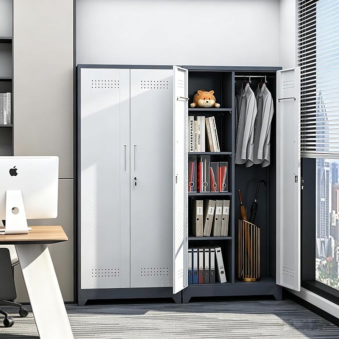 Metal Storage Cabinet 72" Tall, Garage Storage Cabinet with Lockable Doors & Shelves, Utility Broom Closet, Steel Tool Cabinet for Garage, Laundry Room, Home Office, Grey/White