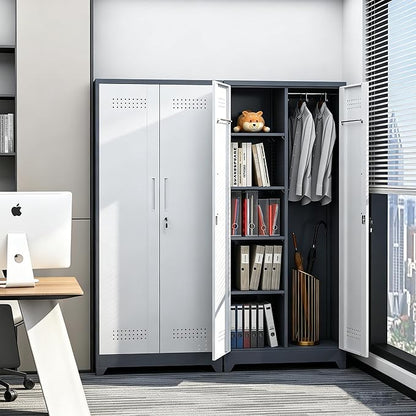 Metal Storage Cabinet 72" Tall, Garage Storage Cabinet with Lockable Doors & Shelves, Utility Broom Closet, Steel Tool Cabinet for Garage, Laundry Room, Home Office, Grey/White