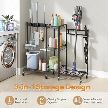 YOXIER Heavy Duty Rolling Tool Cart & Broom Organizer - 3-Tier Steel Cleaning Caddy Cart for Garage Organization Next to Garage Cabinets. Freestanding Rack Beats Any Broom Hanger Wall Mount Black
