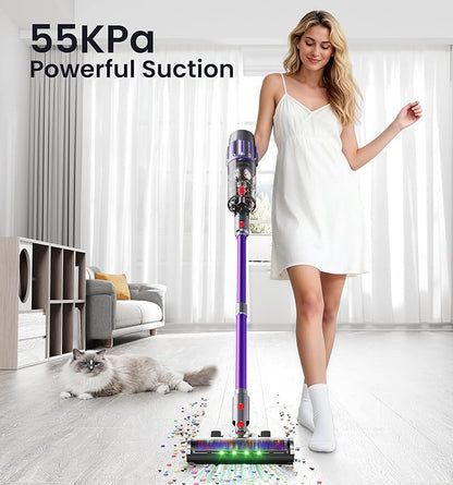 Cordless Vacuum Cleaner,650W 55KPA 80Mins Cordless Stick Vacuum with Smart Display,1.8L Cup,V-Shaped Anti-Tangle Brush,Wall Mount Charging,Self-Standing Vacuum Cleaners for Home,Floor,Carpet,Pet Hair