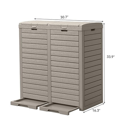 YITAHOME Outdoor Resin-Based Dual Compartment Trash Bins, 76 Gallon Capacity, Easy-to-Clean Hideaway Garbage Cans with Lid and Drip Tray (Light Brown)