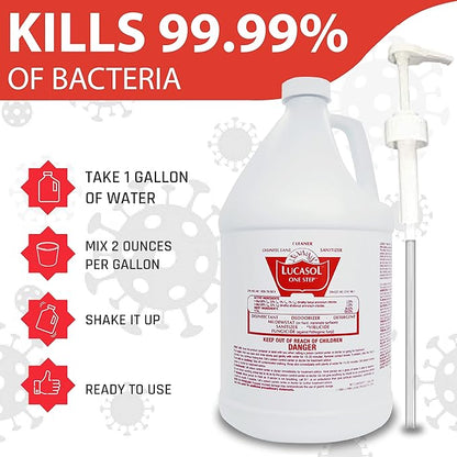 Lucasol One Step Disinfectant 1-Gallon with Attachable Pump Dispenser, All-Purpose Cleaner for Hospitals, Schools, Salons, Household Use and More