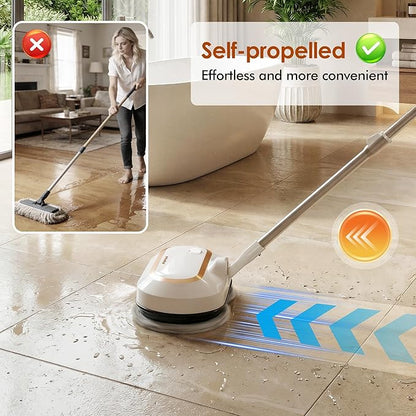 AlfaBot Cordless Electric Mop for Floor Cleaning, Dual Spin with LED Headlight, Water Spray, Long-Lasting Battery, Self-Propelled Floor Cleaner with Adjustable Tube for All Floors
