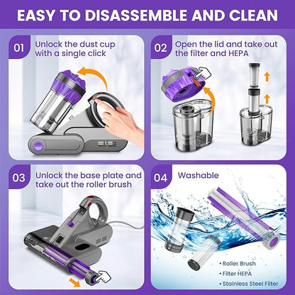 Mattress Vacuum Cleaner, Handheld Bed Vacuum Cleaner with 16Kpa Suction, 253.7nm UV-C Light, 149℉ Hot Air, Double-Cup Handheld Vacuums for Bed, Sofa, Couch, Crib (Corded, 550W)