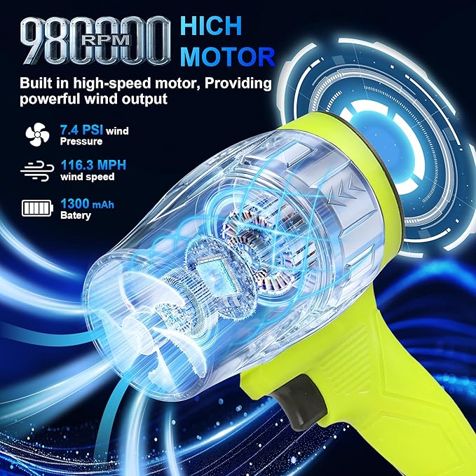 21V Handheld Leaf Blower – 98,000RPM High-Speed Motor, 1.7LB Ultra-Lightweight Hand Blower with 2 Batteries & Charger for Yard, Patio, Car Drying & Workshop (Green)
