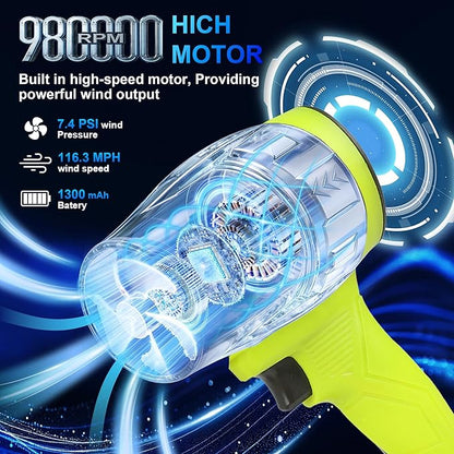 21V Handheld Leaf Blower – 98,000RPM High-Speed Motor, 1.7LB Ultra-Lightweight Hand Blower with 2 Batteries & Charger for Yard, Patio, Car Drying & Workshop (Green)