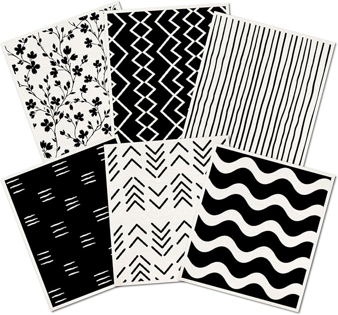 6Pcs 6 Styles Geometric Dish Cloths Swedish Dishcloths for Kitchen Reusable Wash Towels Washable Rectangle Cellulose Sponge White and Black Flower Simple Line Mixed Pattern for Cleaning